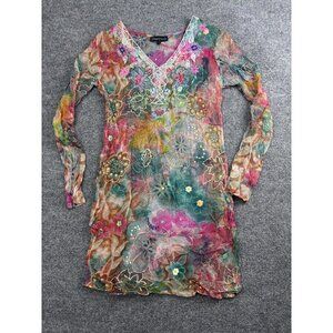 Aftershock Dress Womens Small Multi Sheer Mesh Embroidered Floral Long Sleeve
